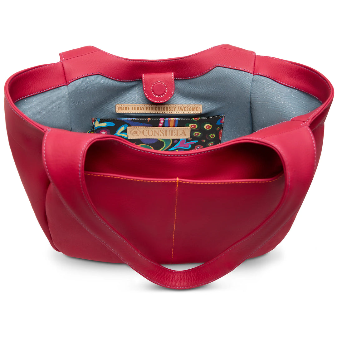 Red leather Joya Tote, gray lining, colorful inner pocket, "CONSUELO" label, tag says "MAKE TODAY RIDICULOUSLY AWESOME." Sizes: S/M/L.