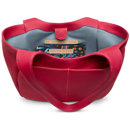 Red leather Joya Tote, gray lining, colorful inner pocket, "CONSUELO" label, tag says "MAKE TODAY RIDICULOUSLY AWESOME." Sizes: S/M/L.