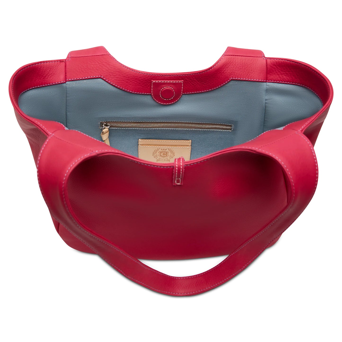Red leather tote with heart-shaped opening, blue interior, zip pocket, red handles, button closure. Sizes: S/M/L.