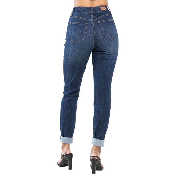 Judy Blue HW Pull-On Double Cuff Slim Jeans with double cuffs. Available in sizes 0-20W.