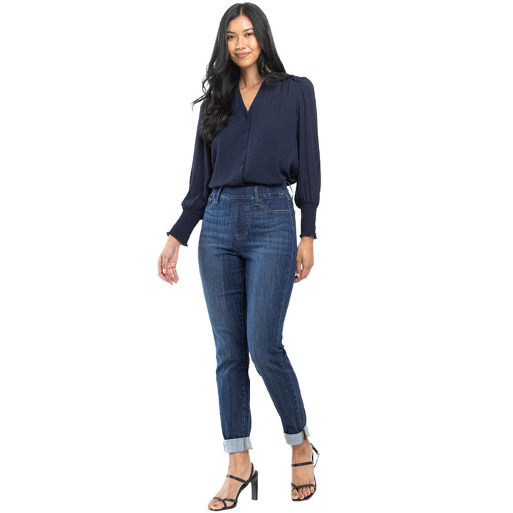 Judy Blue HW Pull-On Double Cuff Slim Jeans; available in sizes 0-20.
