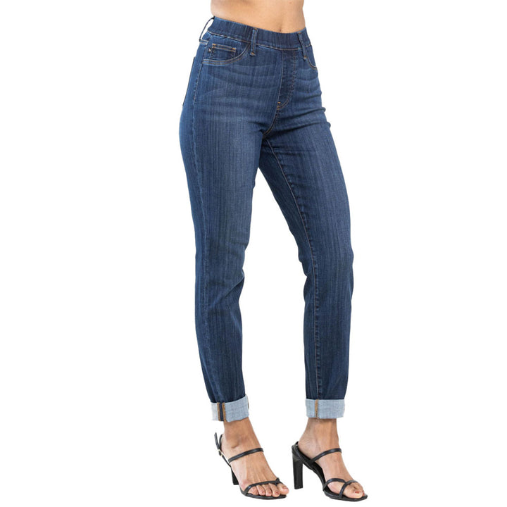 Judy Blue HW Pull-On Double Cuff Slim Jeans, available in sizes 0-20W. Medium wash with double cuff detail.
