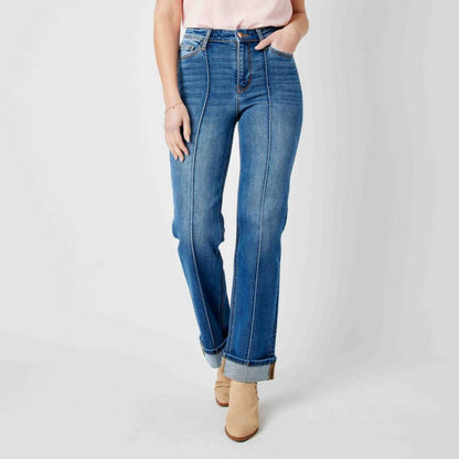High Waist Front Seam Detail & Cuffed Straight Jeans