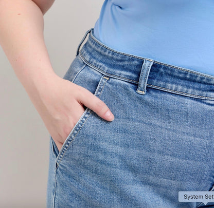 Judy Blue Mid Rise Trouser Shorts, light blue. Sizes available: XS, S, M, L, XL.