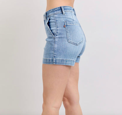Light blue Judy Blue Mid Rise Trouser Shorts featuring stylish side and back pockets. Available in sizes XS to XL.