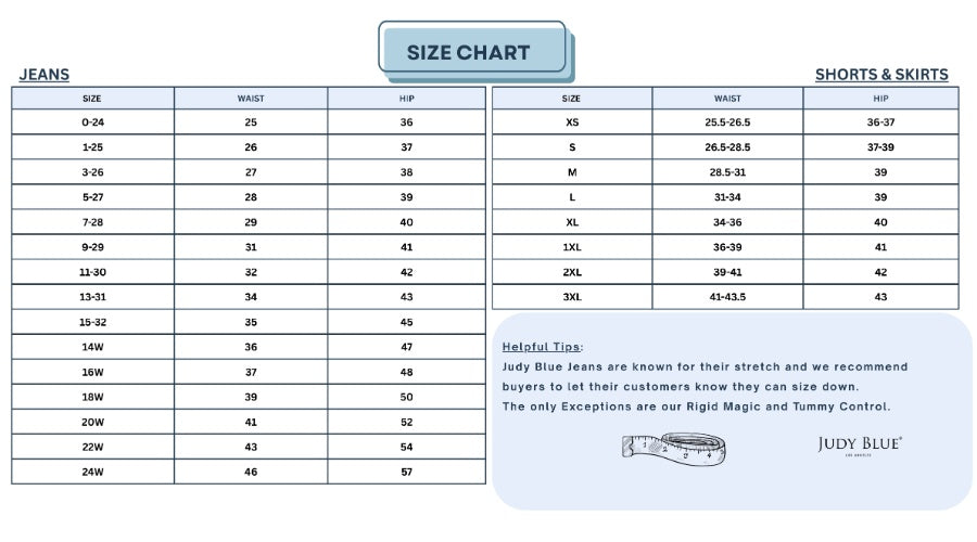 Size chart for Judy Blue MR Crop Garment Dyed Utility Pocket Jeans, sizes listed with waist/hip, note on stretch, tape measure icon.
