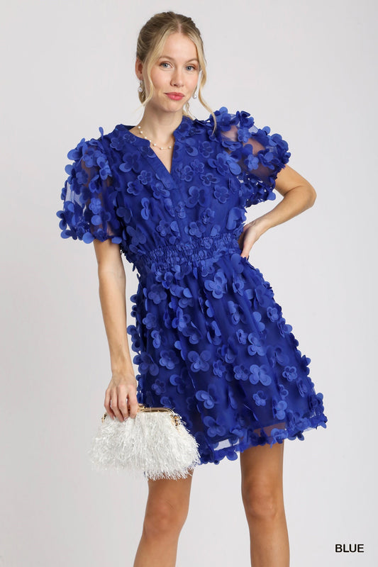 Royal Blue Mariposa Dress features 3D floral and butterfly details. Available sizes: XS, S, M, L, XL.