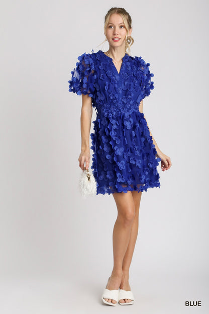 Royal Blue Mariposa Dress featuring 3D floral patterns and an elastic waistband. Available in sizes XS, S, M, L, XL.
