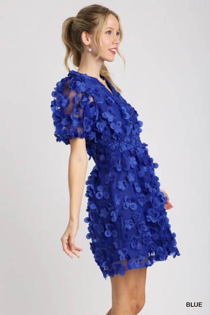 Royal Blue Mariposa Dress: 3D butterfly designs, puffed sleeves, elastic waistband, sheer overlay. Available sizes: XS, S, M, L, XL.