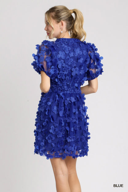 Royal Blue Mariposa Dress: Short sleeves, elastic waistband, 3D butterflies on floral textured organza. Available sizes: XS, S, M, L.