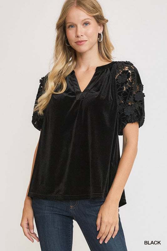 Split Neck Velvet Top featuring short lace sleeves. Color: Black. Sizes available: S, M, L, XL.