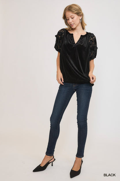 Split Neck Velvet Top with lace short sleeves. Available sizes: S, M, L, XL.