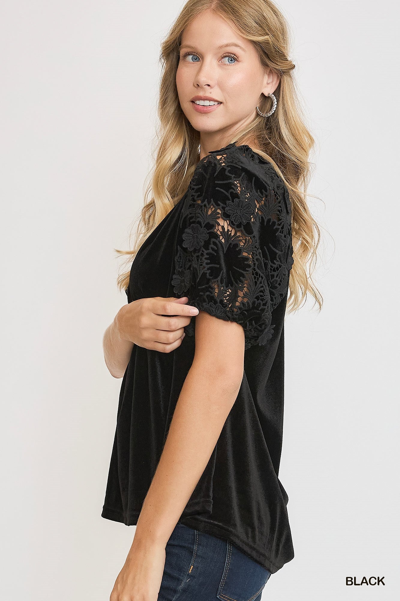 Split Neck Velvet Top with floral lace sleeve details. Sizes available: XS, S, M, L, XL.