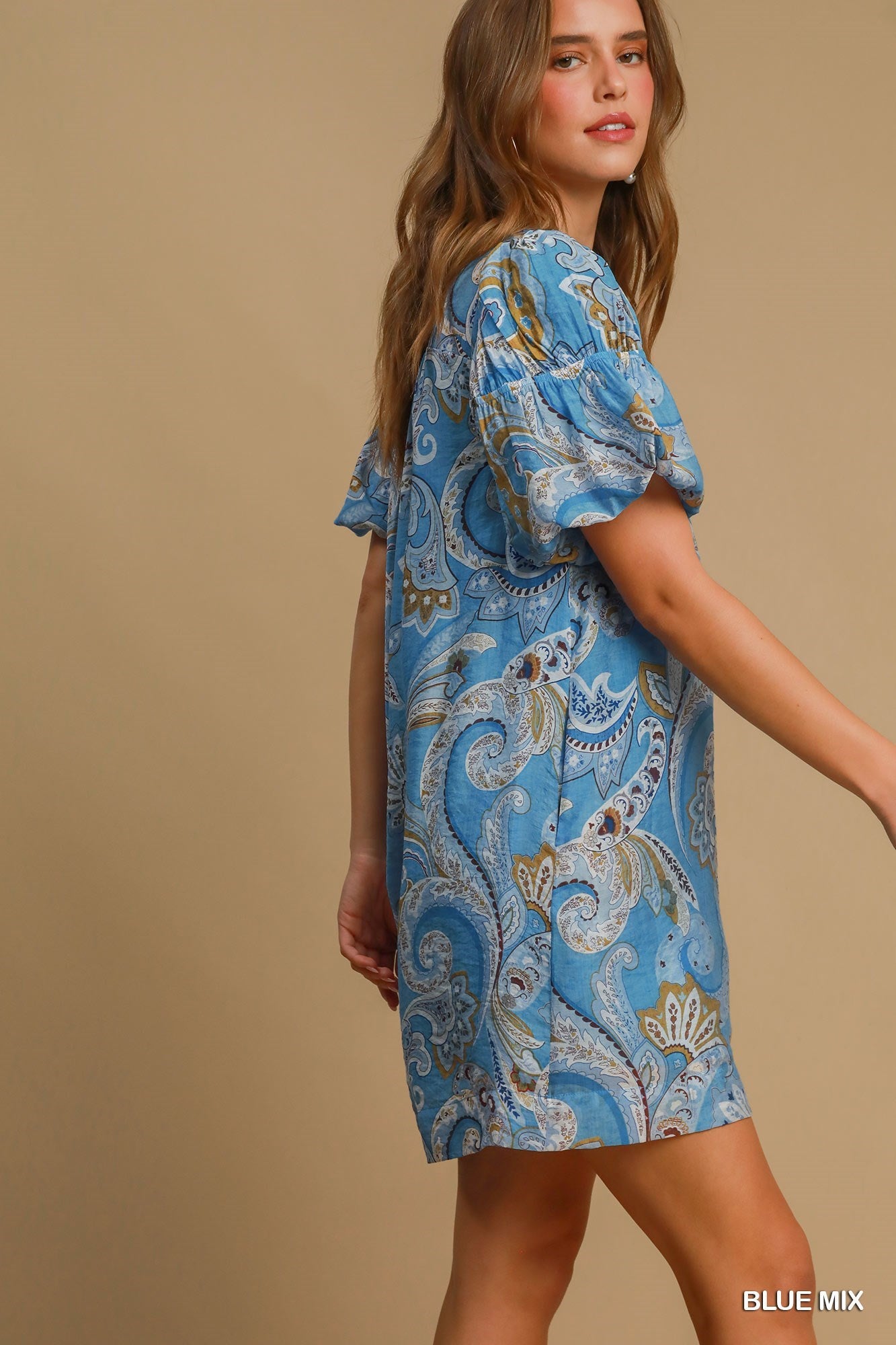 Paisley Blue Mix Babydoll Dress, short length, puff sleeves. Available in sizes XS-XL. "BLUE MIX" shown in corner.