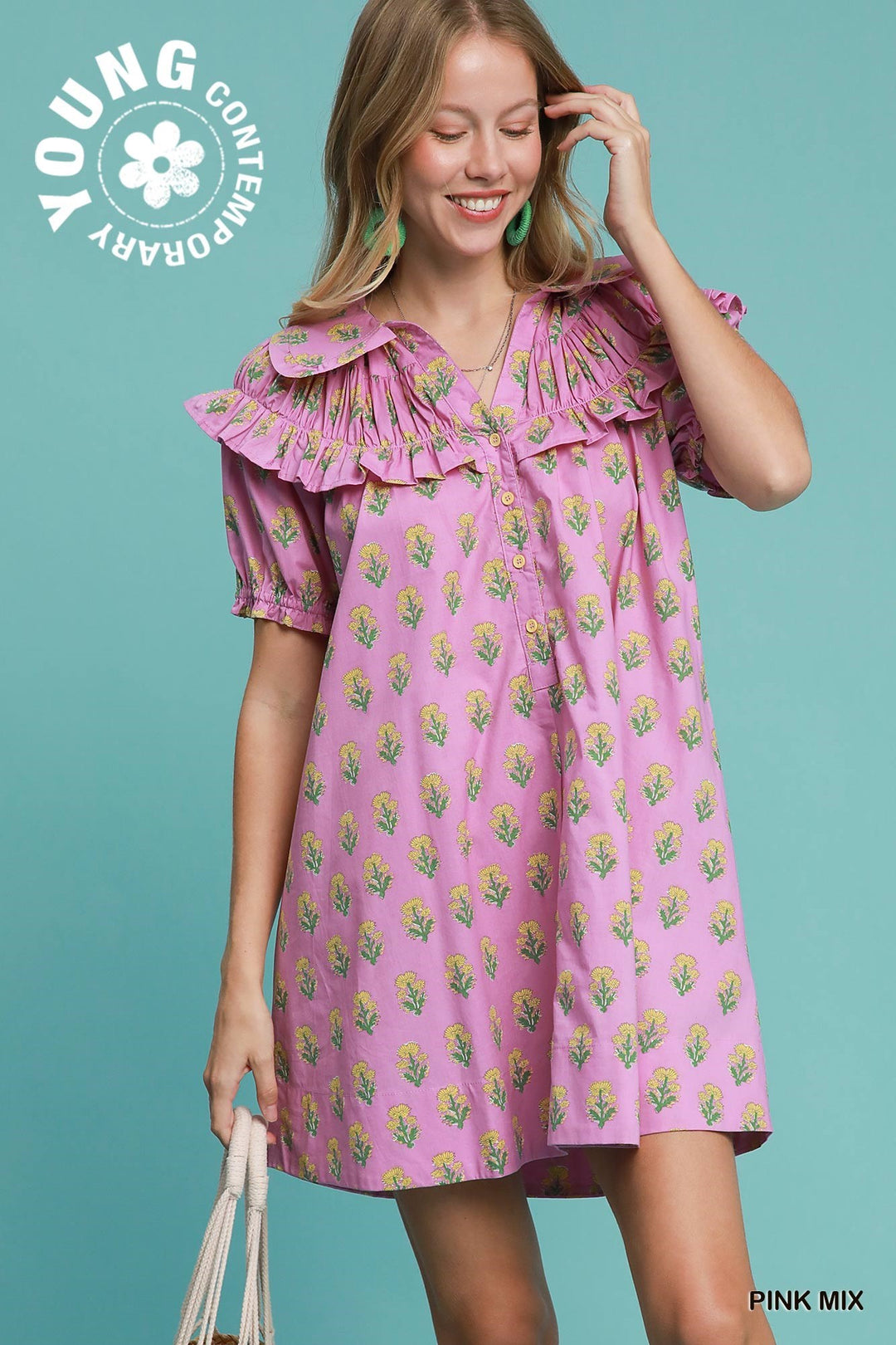 Bubble Sleeve Dress: pink ruffled mini with green floral print. Available in sizes S, M, L. Text: "YOUNG CONTEMPORARY", "PINK MIX.
