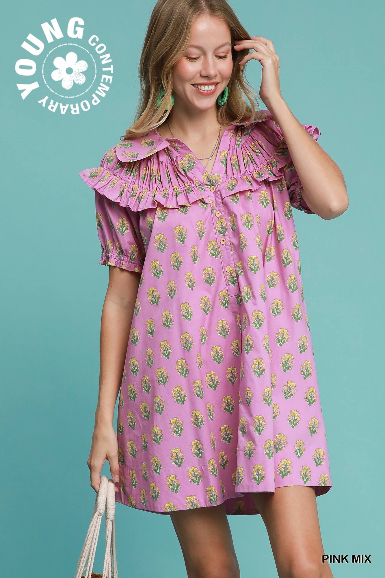 Bubble Sleeve Dress: pink ruffled mini with green floral print. Available in sizes S, M, L. Text: "YOUNG CONTEMPORARY", "PINK MIX.