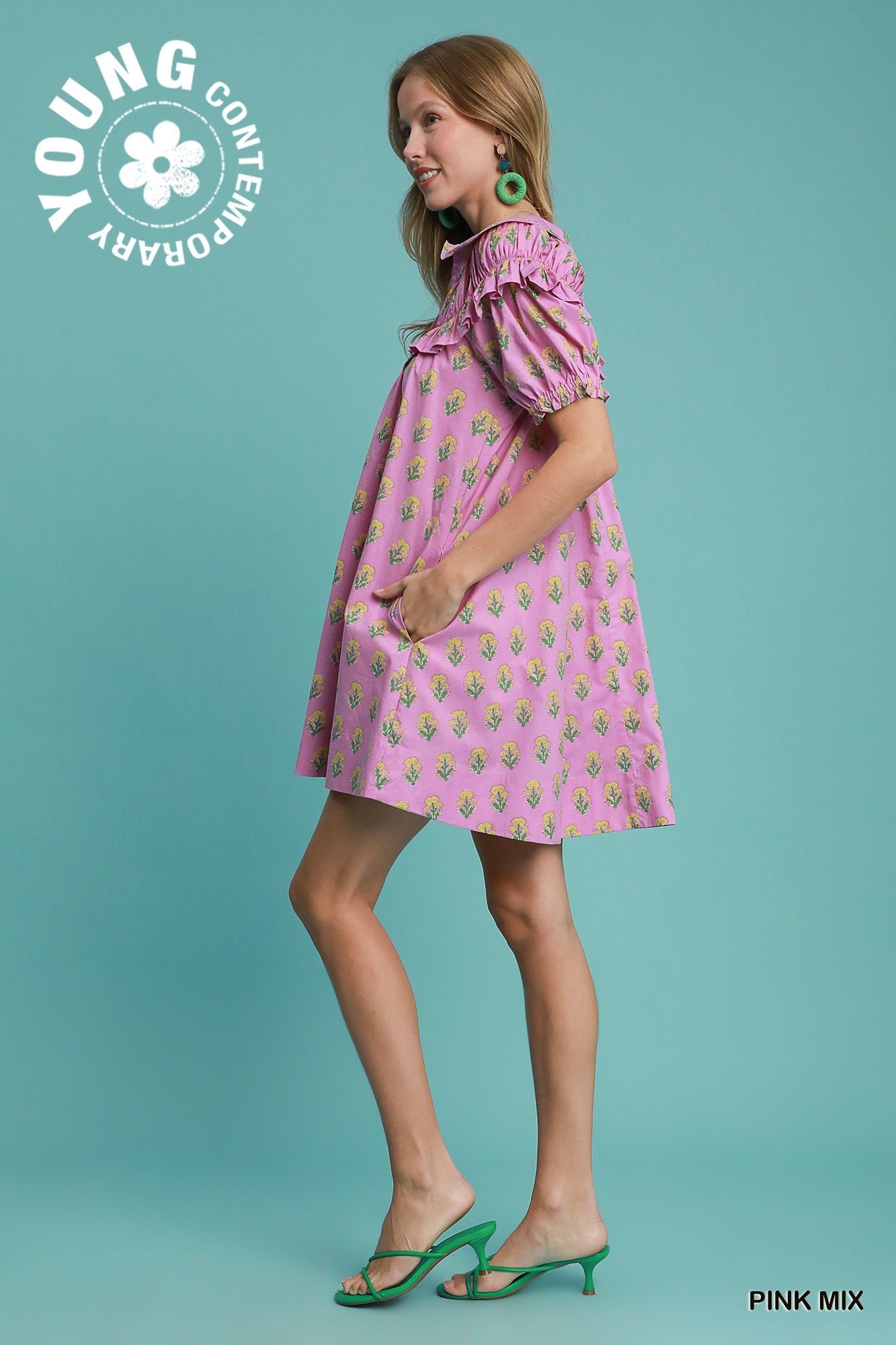 Bubble Sleeve Dress: pink mix floral mini, ruffled, puff sleeves. Available sizes: XS–L. Text: “YOUNG CONTEMPORARY,” “PINK MIX.”.