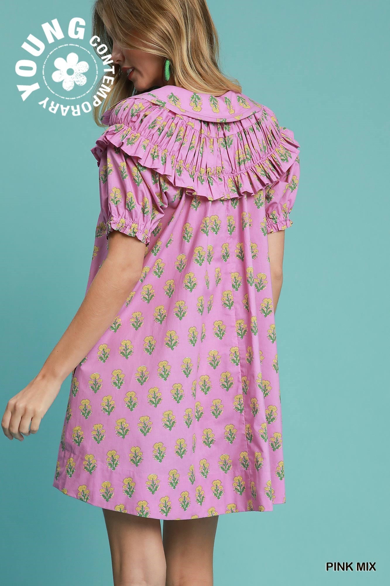 Bubble Sleeve Dress: cotton, relaxed-fit mini with puff sleeves, green floral print, above-knee. Sizes: XS-XL. Pink Mix.