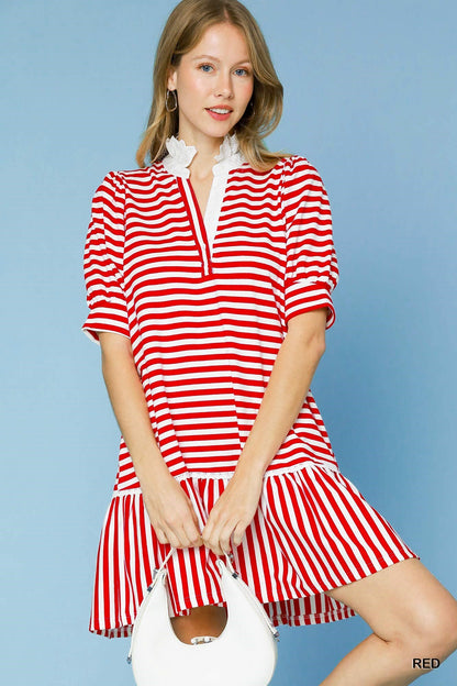 Lacey Ruffle Dress with stripes, puffed sleeves, and a white collar. Available in sizes XS, S, M, L.