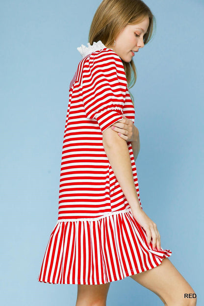 Lacey Ruffle Dress: Red and white striped dress with a tiered ruffle hemline and frilled collar. Available sizes: XS, S, M, L, XL.