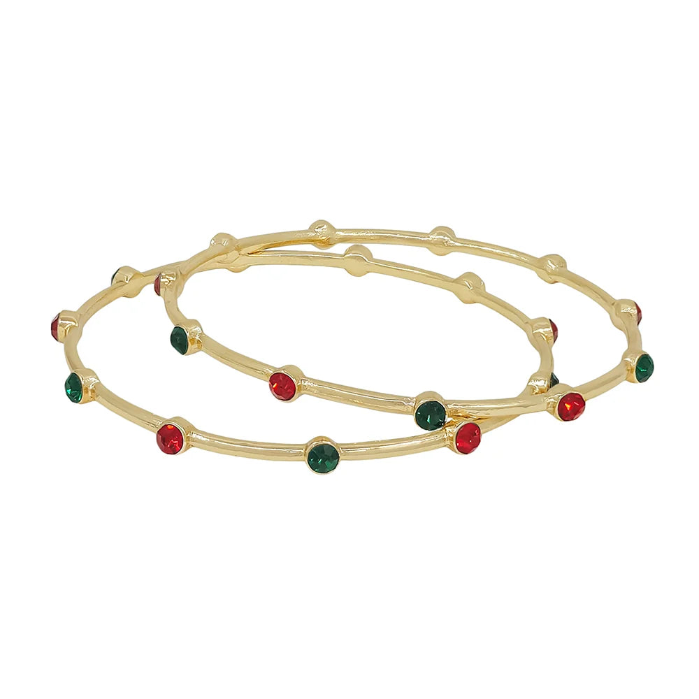 Kelse Gold Red &amp; Green Stone Bangles: two gold-tone double bangles with alternating red and green stones.