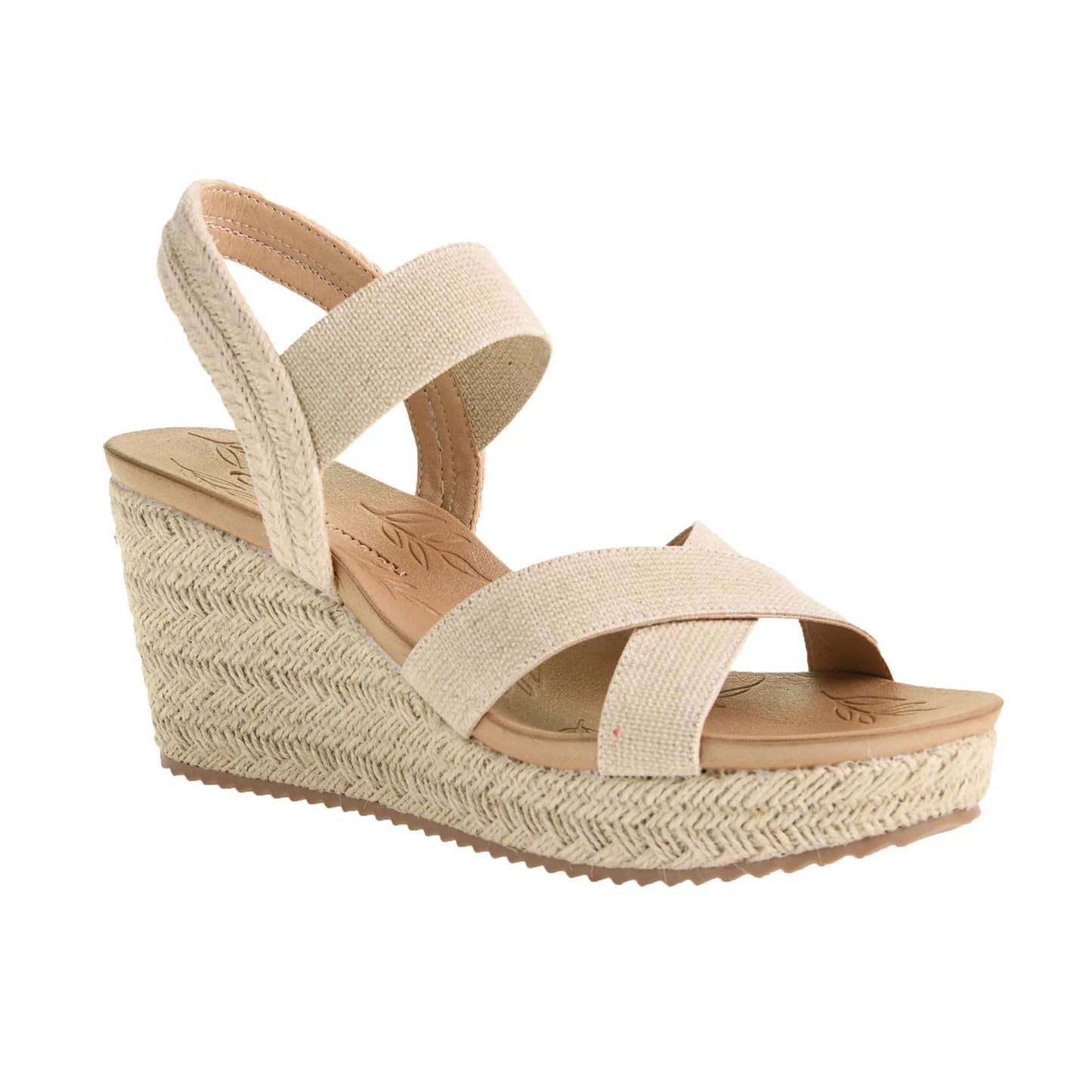 Espadrille Wedge Sandal - Natural: Beige stretch gore crisscross toe straps, ankle strap, textured woven wedge, ridged sole. Available in sizes 6-11.