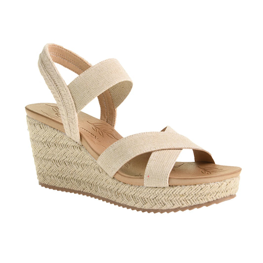 Espadrille Wedge Sandal - Natural: Beige stretch gore crisscross toe straps, ankle strap, textured woven wedge, ridged sole. Available in sizes 6-11.