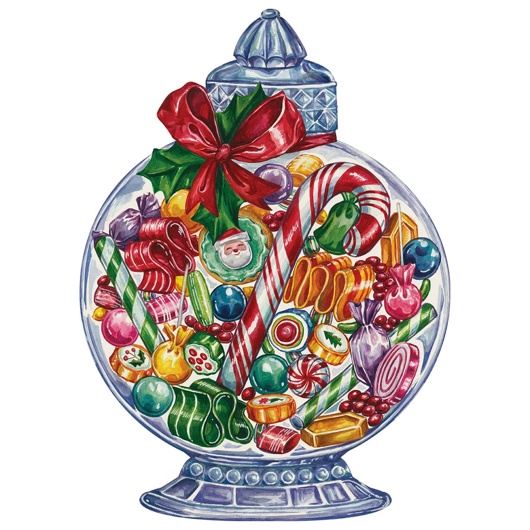 Candy Jar Placemats with watercolor illustration of a vintage candy jar, assorted holiday sweets, red ribbon, holly leaves, and die-cut edge.