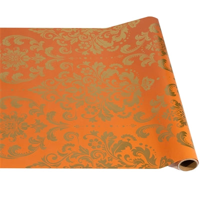 Orange Damask Table Runner featuring an ornate metallic gold floral pattern; available in 12″x72″, 12″x90″, and 12″x108″ sizes.
