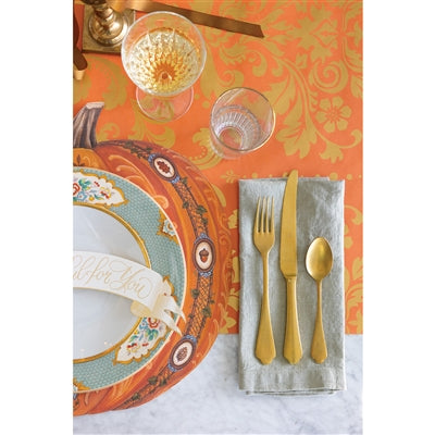 Orange Damask Table Runner shown; available in 72″, 90″, and 108″ lengths.