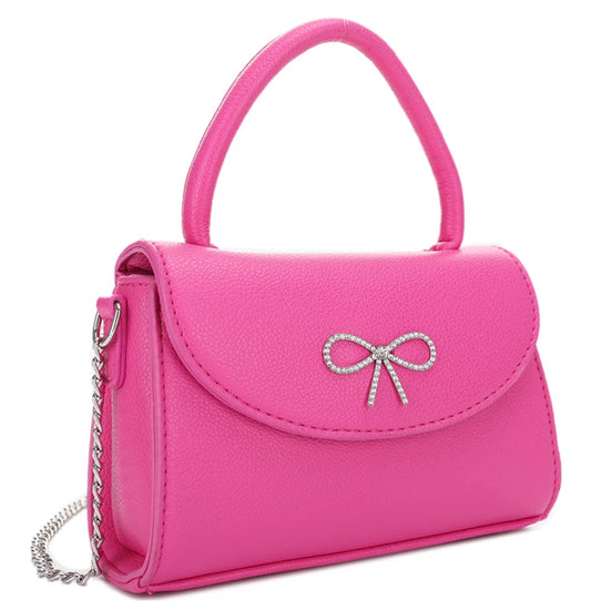 Mini Crossbody Bag: vibrant pink, rhinestone bow, curved top handle, silver chain strap. Sizes: One Size.