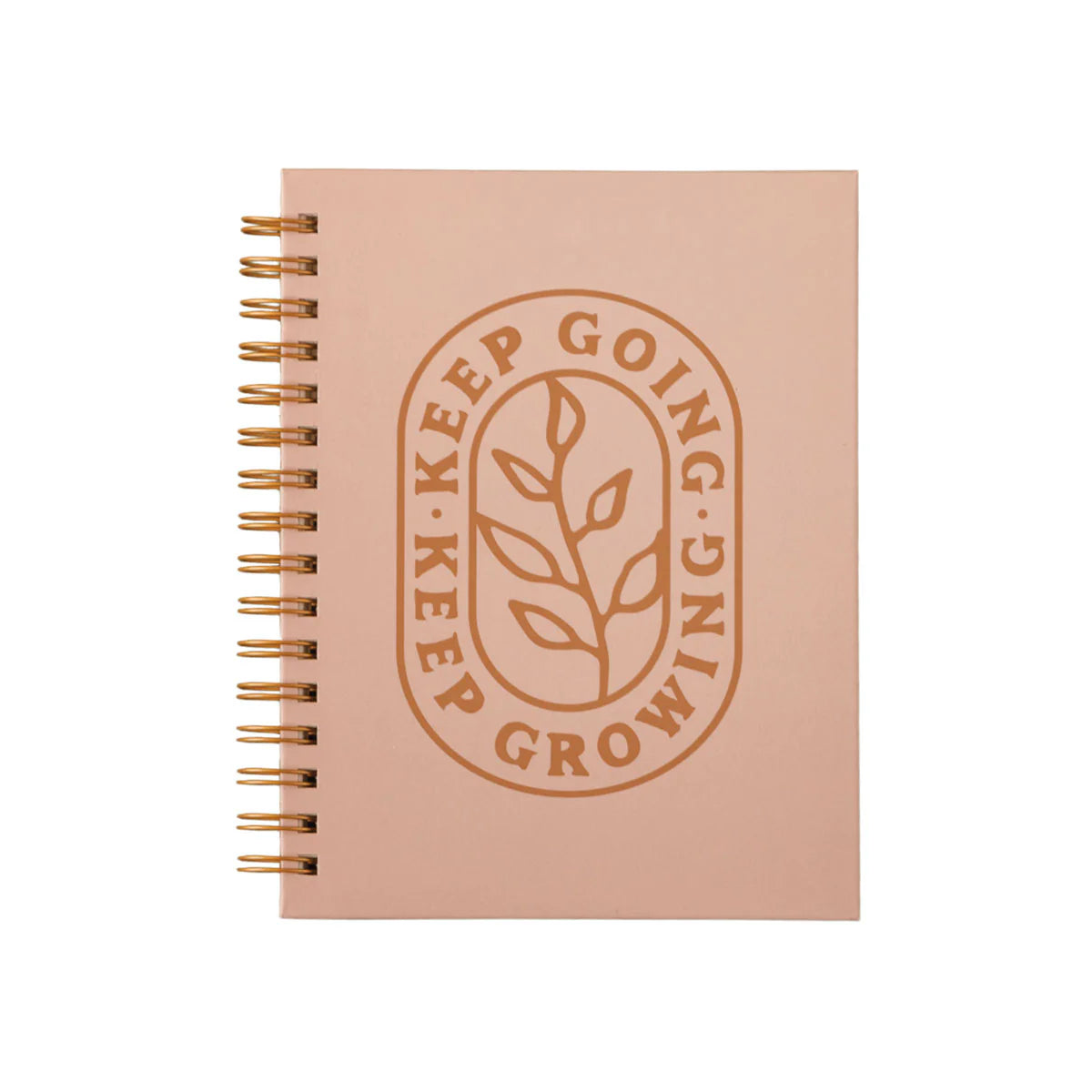 Scratch-resistant, spiral-bound light brown journal with plant design and “KEEP GOING KEEP GROWING” text. Available in 2 sizes.