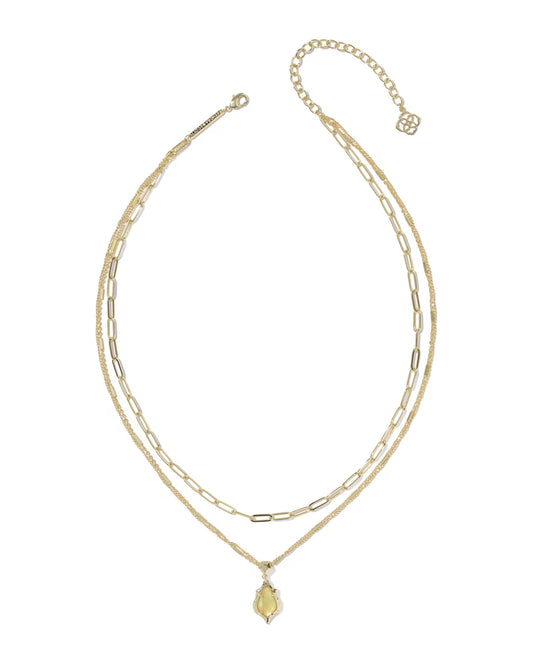 Gold necklace with large oval link strand, fine chain, yellow teardrop gem pendant, adjustable clasp. Sizes: S, M, L.