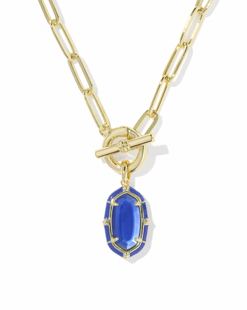 Elisa Gold Enamel Link and Chain Necklace in Cobalt Illusion by Kendra Scott: gold link chain, toggle closure, oval cobalt blue gemstone pendant in gold frame. Available in 16″, 18″, and 20″ lengths.