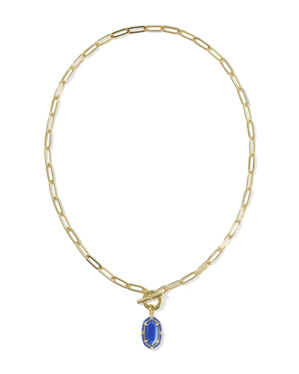 Gold enamel link chain necklace with elongated links, front toggle closure, and faceted rectangular cobalt illusion pendant. Available in 16″, 18″, and 20″ lengths.