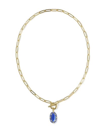 Gold enamel link chain necklace with elongated links, front toggle closure, and faceted rectangular cobalt illusion pendant. Available in 16″, 18″, and 20″ lengths.