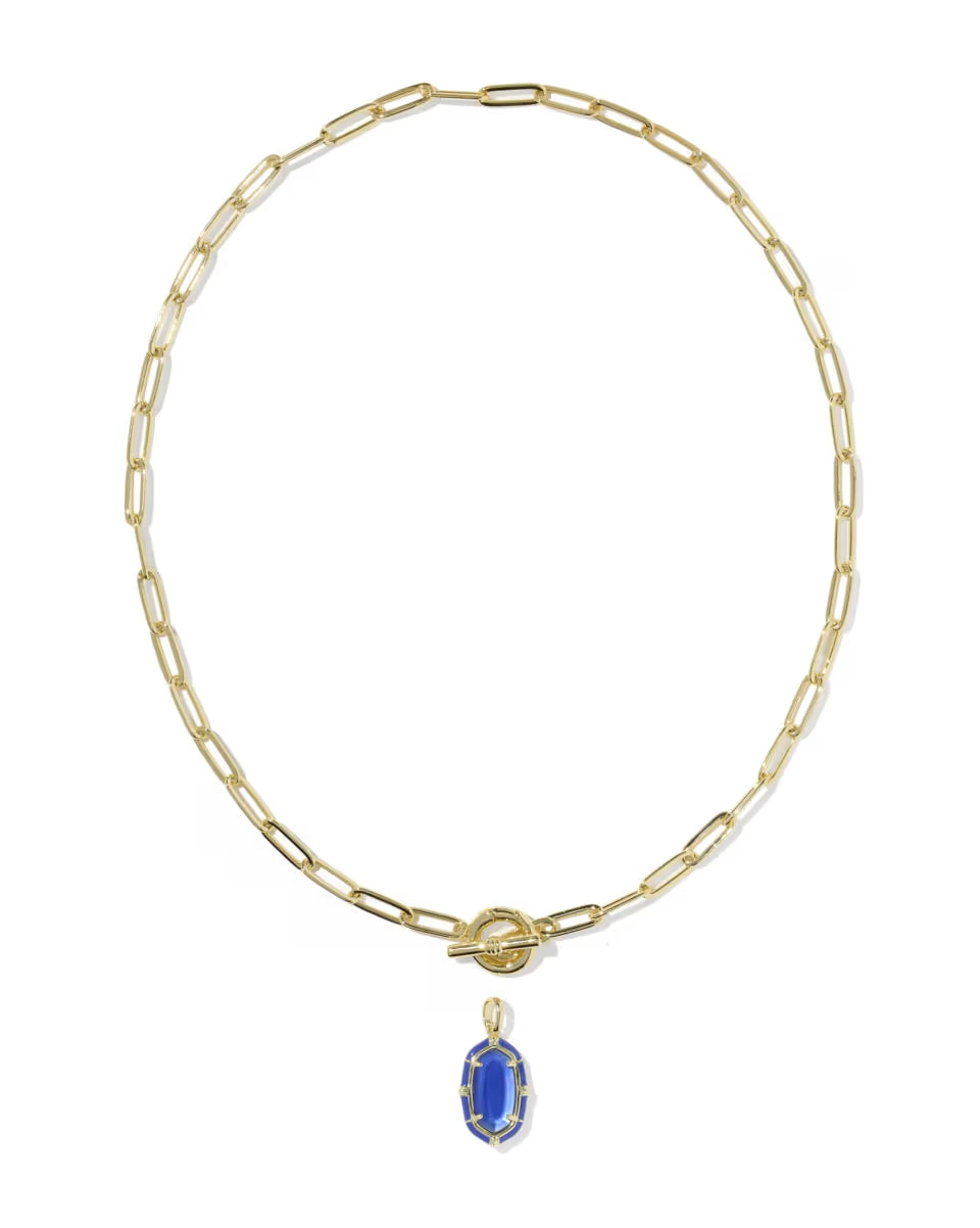 Elisa Gold Enamel Link and Chain Necklace in Cobalt Illusion by Kendra Scott features elongated gold enamel links, a toggle closure, and a single oval cobalt illusion gemstone pendant. Available in 17-inch length.