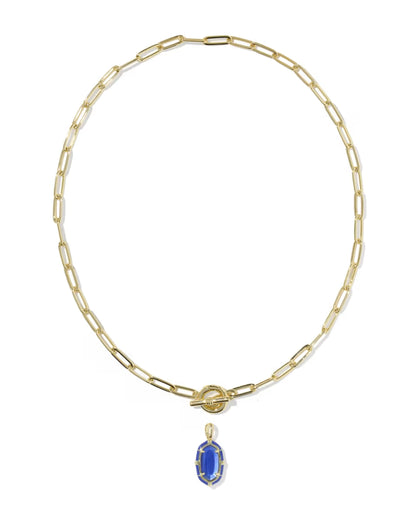 Elisa Gold Enamel Link and Chain Necklace in Cobalt Illusion by Kendra Scott features elongated gold enamel links, a toggle closure, and a single oval cobalt illusion gemstone pendant. Available in 17-inch length.