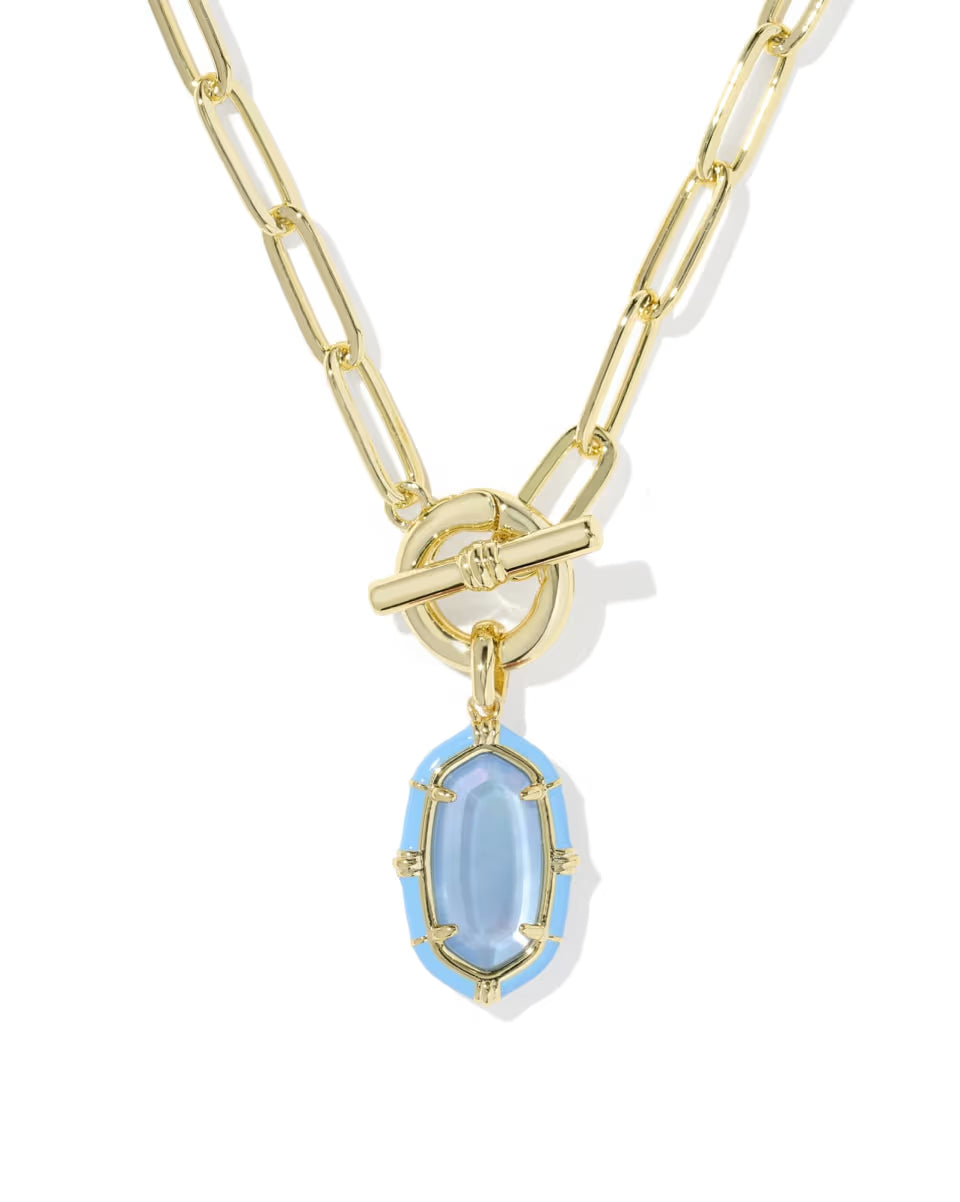 Oval blue gemstone pendant framed in 14k yellow gold and light blue enamel, on an enamel link chain with toggle clasp; sizes available.