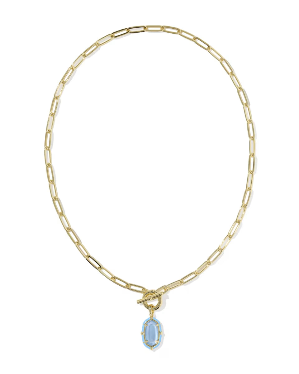 Elisa Gold Enamel Link and Chain Necklace in Periwinkle Illusion by Kendra Scott: 14k yellow gold elongated enamel link chain with toggle clasp and single blue oval gemstone pendant. Available in standard necklace length.