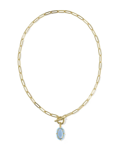 Elisa Gold Enamel Link and Chain Necklace in Periwinkle Illusion by Kendra Scott: 14k yellow gold elongated enamel link chain with toggle clasp and single blue oval gemstone pendant. Available in standard necklace length.