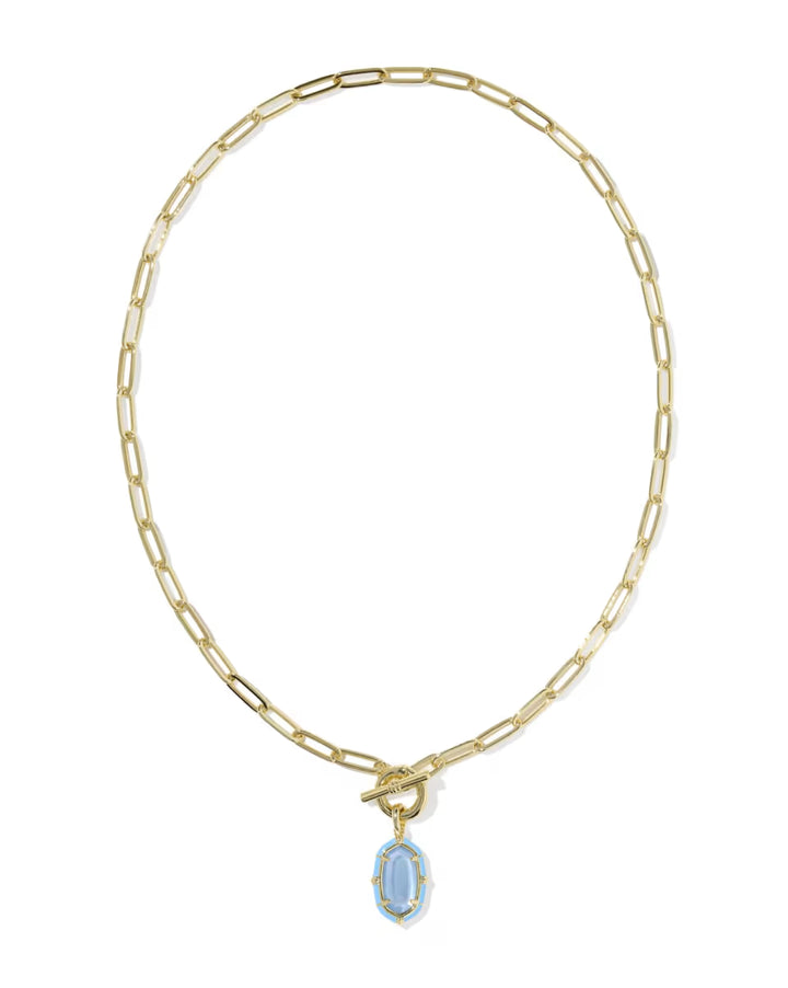 Elisa Gold Enamel Link and Chain Necklace in Periwinkle Illusion by Kendra Scott: 14k yellow gold elongated enamel link chain with toggle clasp and single blue oval gemstone pendant. Available in standard necklace length.