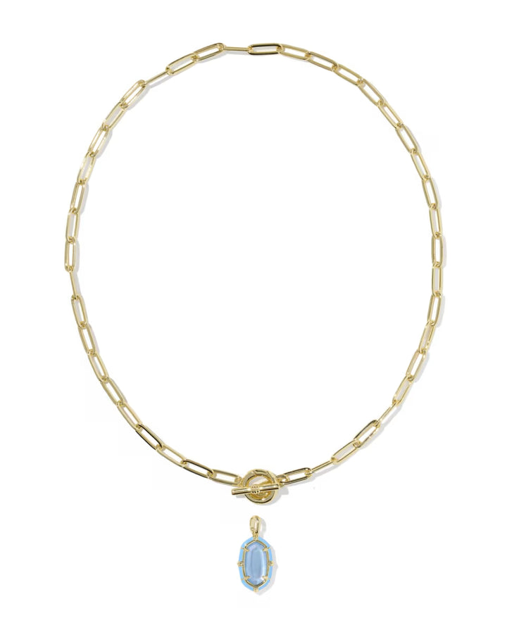 Elisa Gold Enamel Link and Chain Necklace in Periwinkle Illusion by Kendra Scott features elongated gold links, a toggle clasp, and a central blue oval gemstone pendant set in 14k yellow gold. Available in various lengths.