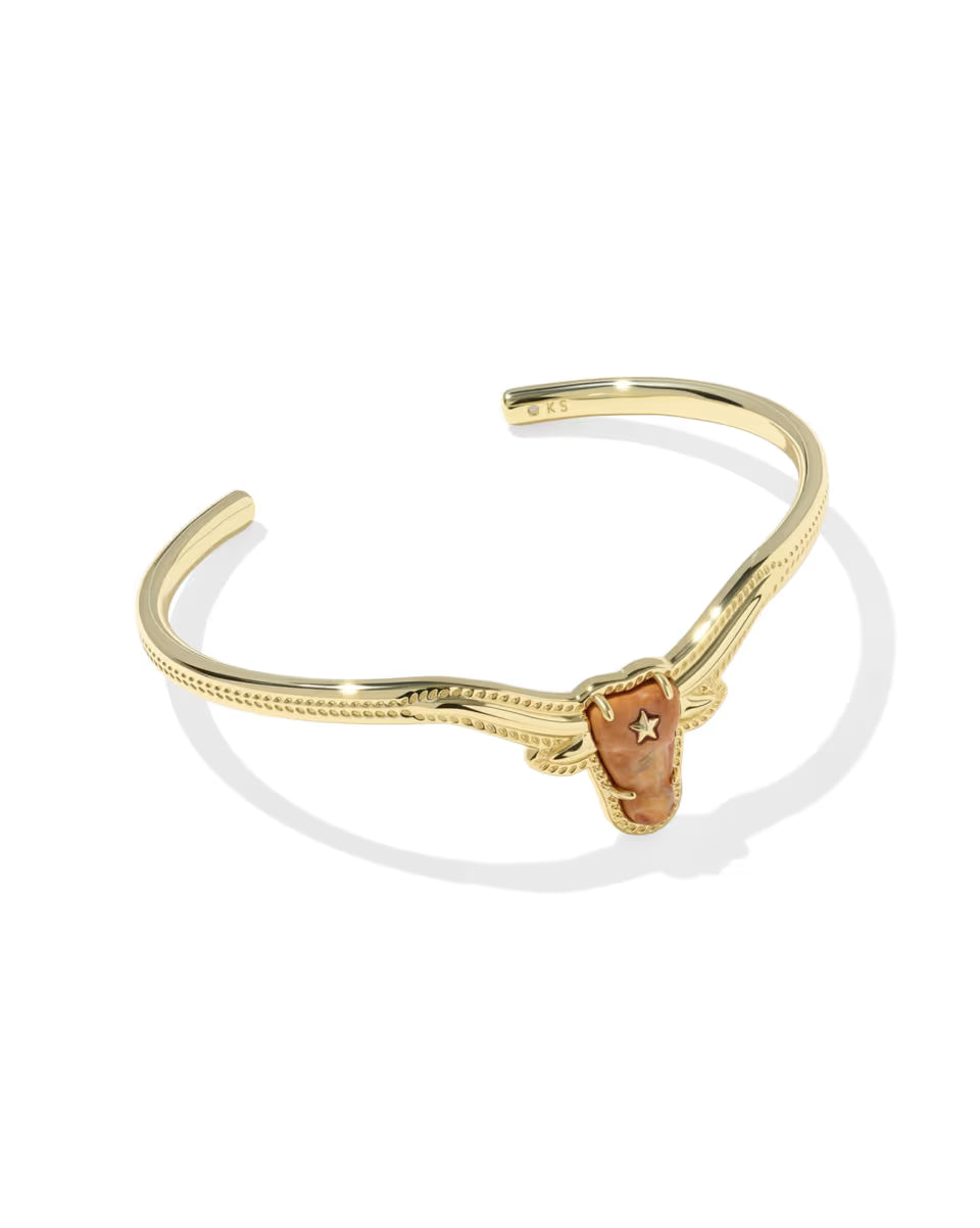 Longhorn Gold Cuff Bracelet by Kendra Scott with a detailed longhorn-shaped accent and star on its forehead; available in multiple sizes.