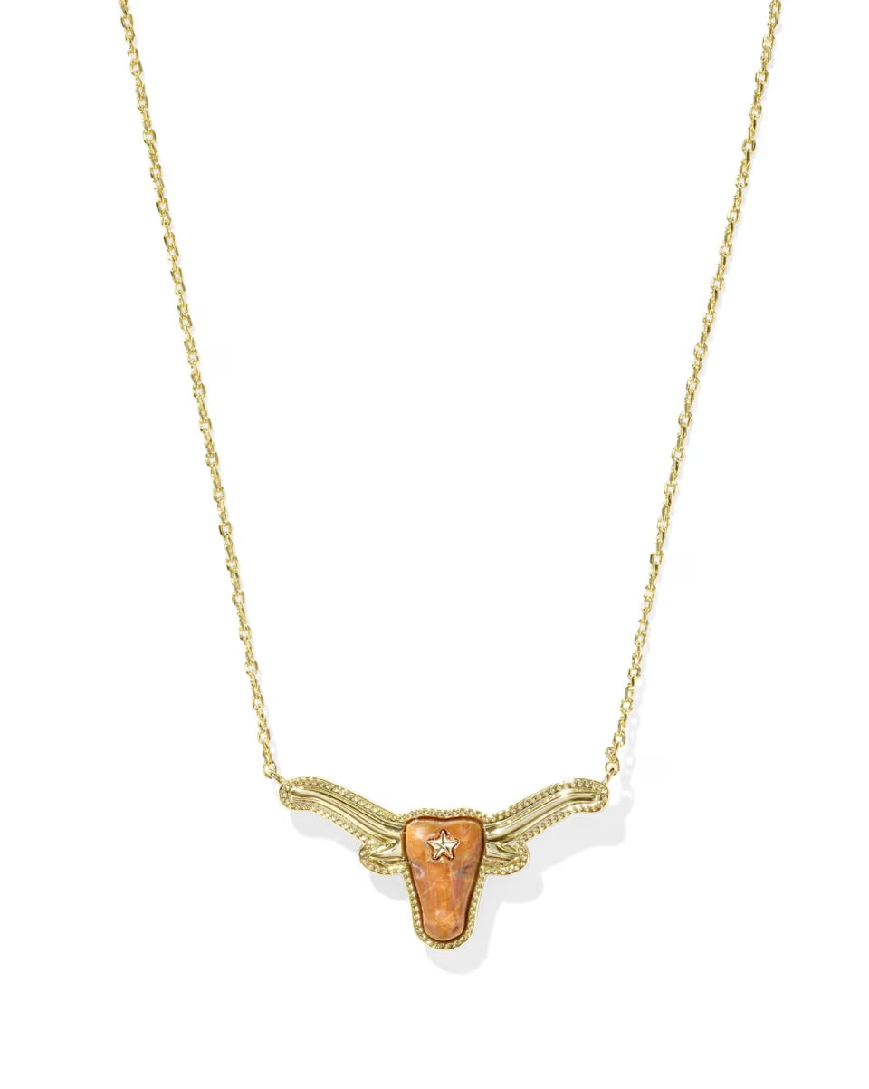 Longhorn Gold Short Pendant Necklace by Kendra Scott features a gold longhorn-shaped pendant with an orange center and small star detail; available in standard necklace length.