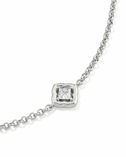 Delicate silver-toned chain bracelet with a square white CZ pendant in an elegant bezel setting. Available sizes: 6″, 7″, 8″.