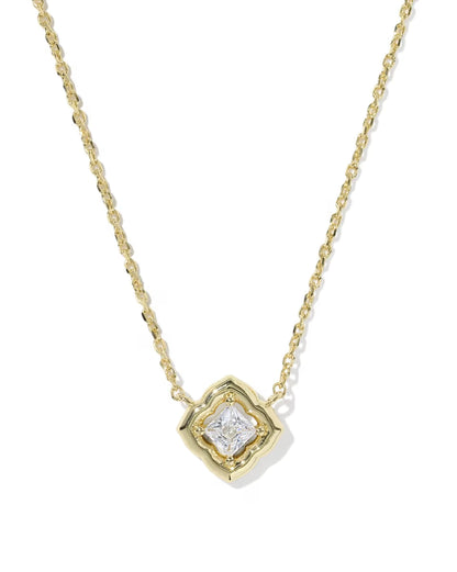 Square gold pendant necklace with central white CZ stone in a decorative frame. Simple, delicate design. Available in short lengths.