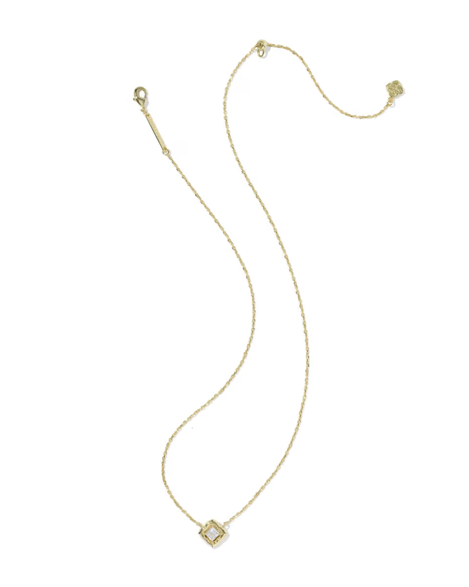Delicate gold necklace with small square crystal pendant and simple clasp; available in short length.