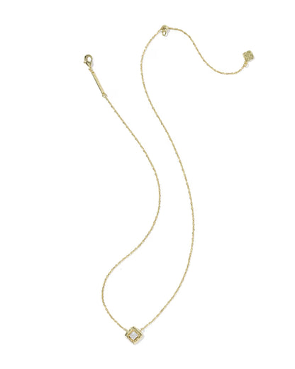 Delicate gold necklace with small square crystal pendant and simple clasp; available in short length.