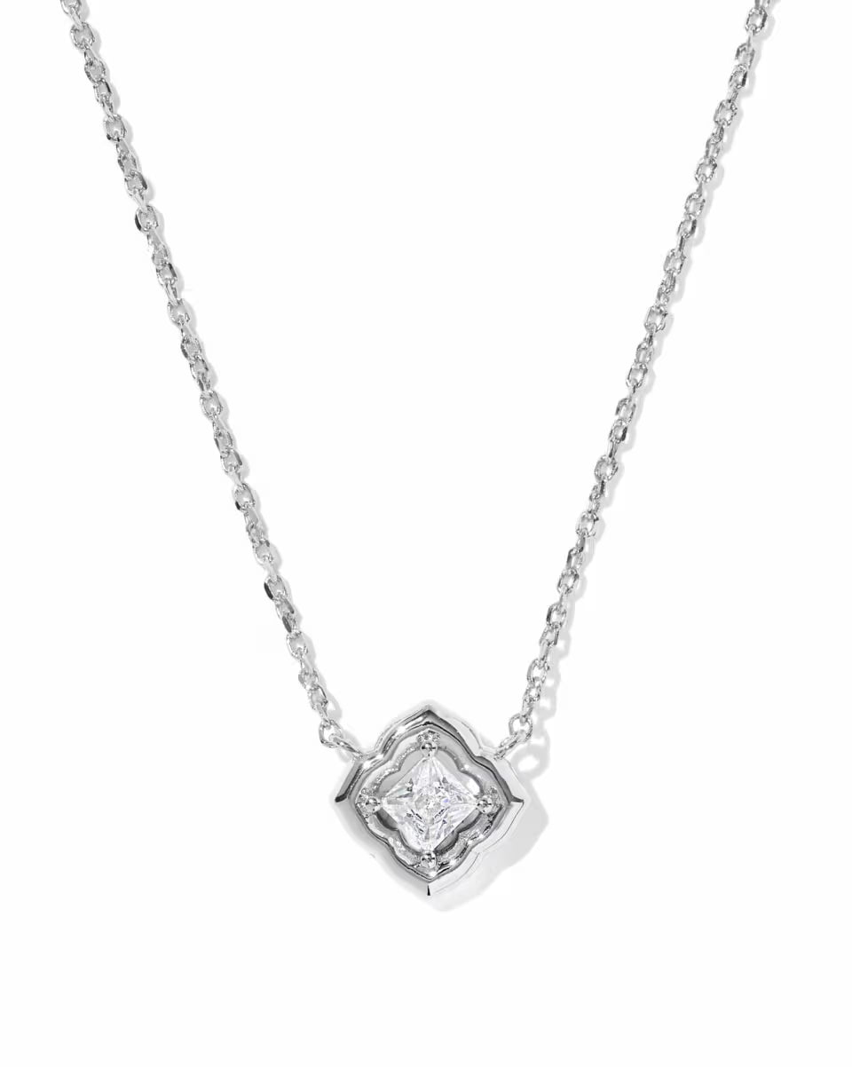 Silver-toned Mallory Crystal Short Pendant Necklace by Kendra Scott with a square pendant and clear white CZ center; available in one size.